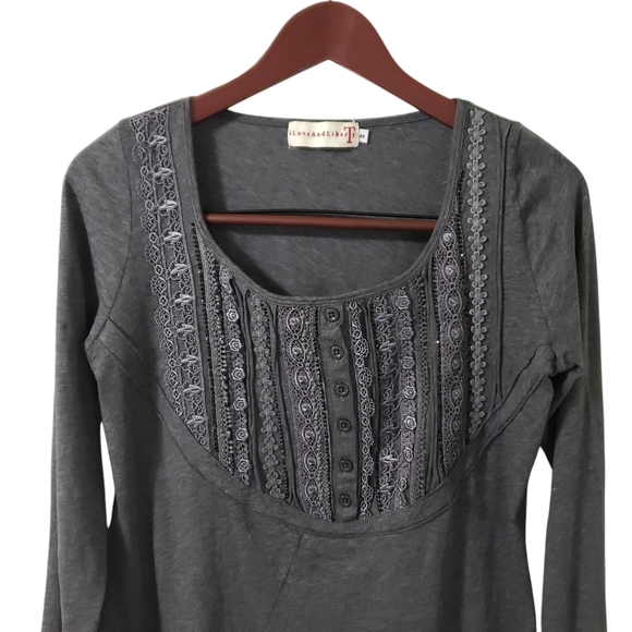 Johnny Was 4 Love and Liberty Embroidered Grey Henley Long Sleeve Top Sz Small - Picture 2 of 12